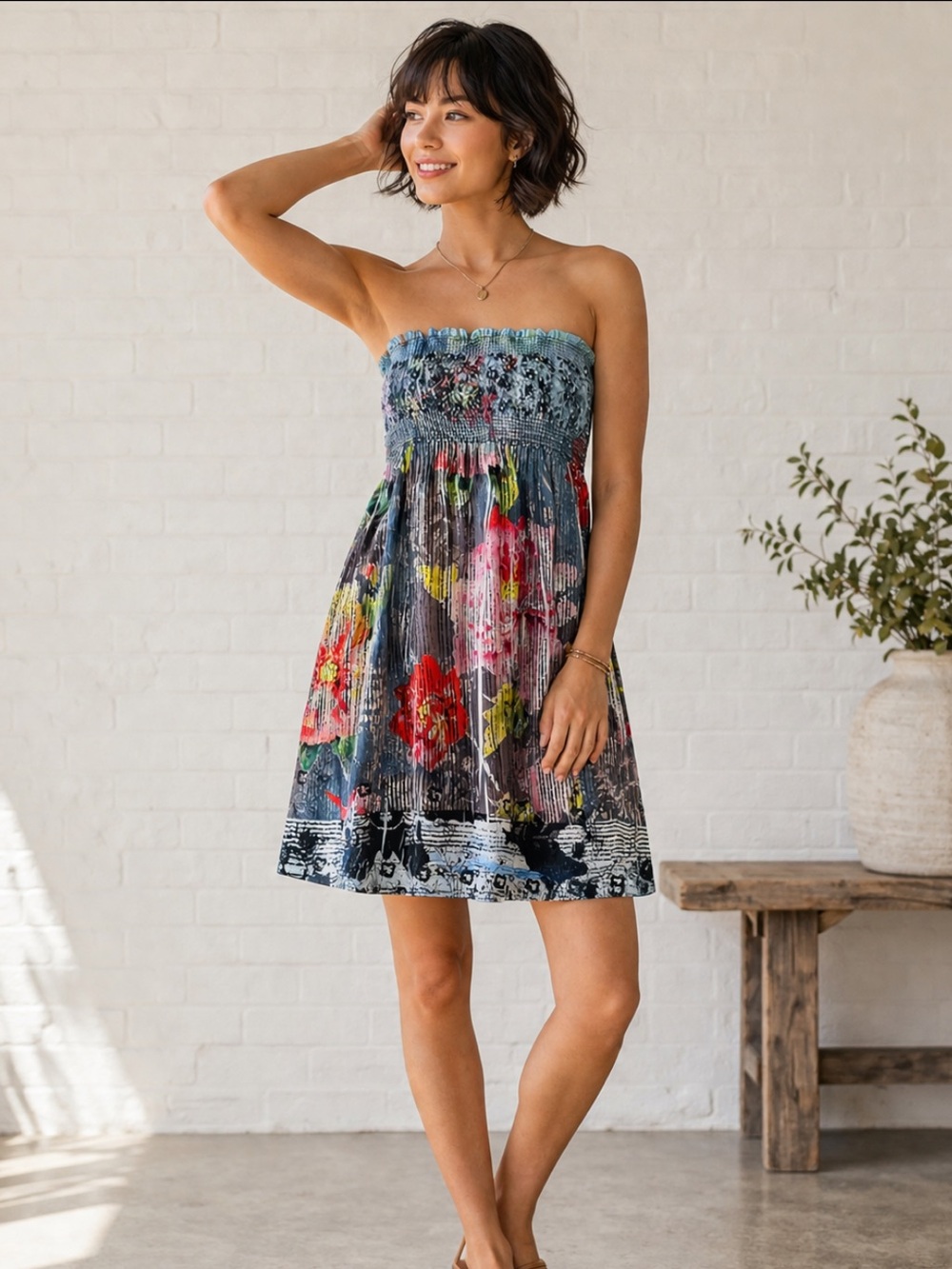 Smocked Strapless Floral Midi Dress in Blue with Red & Pink Blooms XL